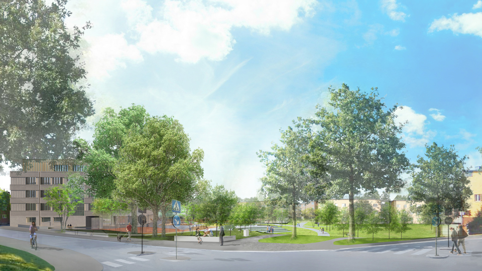 Korsning, bilväg, entré till park, byggnad till vänster, människor i rörelse, illsutration.