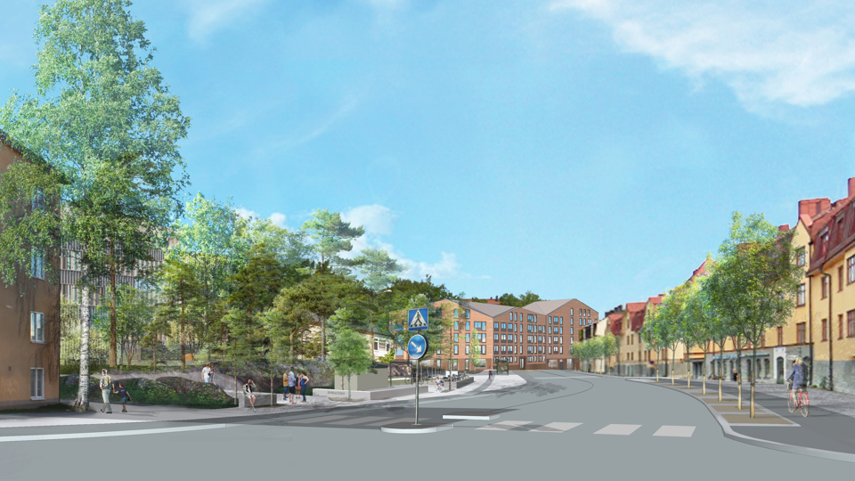 Bilväg, trottarer, flerbostadshus, entré till park till vänster i bild, illustration.