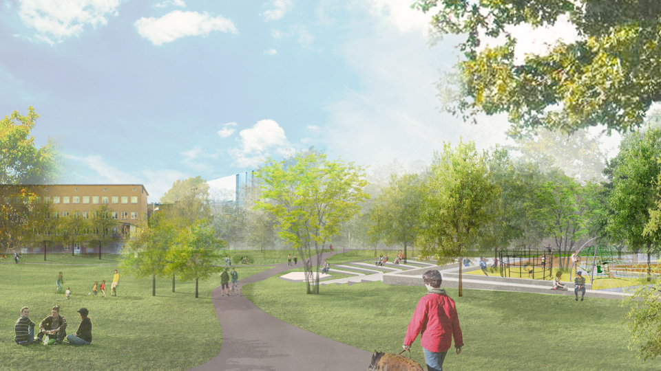 Gångväg genom park med grönytor, människor i rörelse, illustration.