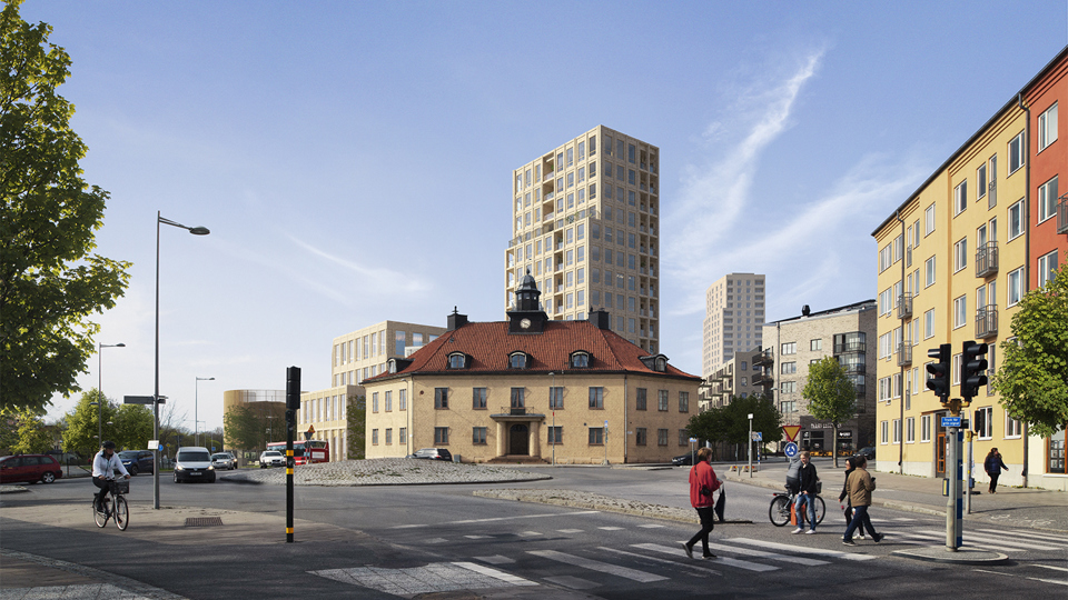Klockhuset i fokus och bostadshus i förgrunden, människor i rörelse, illustration.