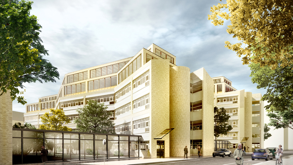 Vy från Glasfibergatan över möjlig påbyggnation av Dragspelshusen, illustration.
