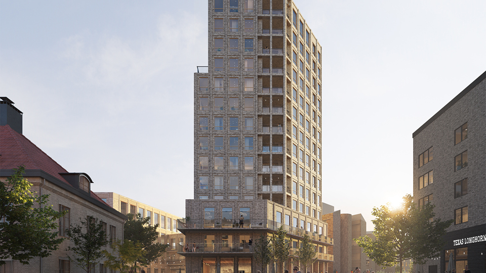 Nybyggnation bakom Klockhuset med torget i framkant, människor i rörelse, illustration.