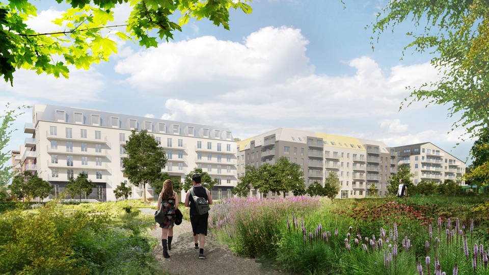 Två personer gående i grönområde, i bakgrunden syns flerbostadshus, illustration.