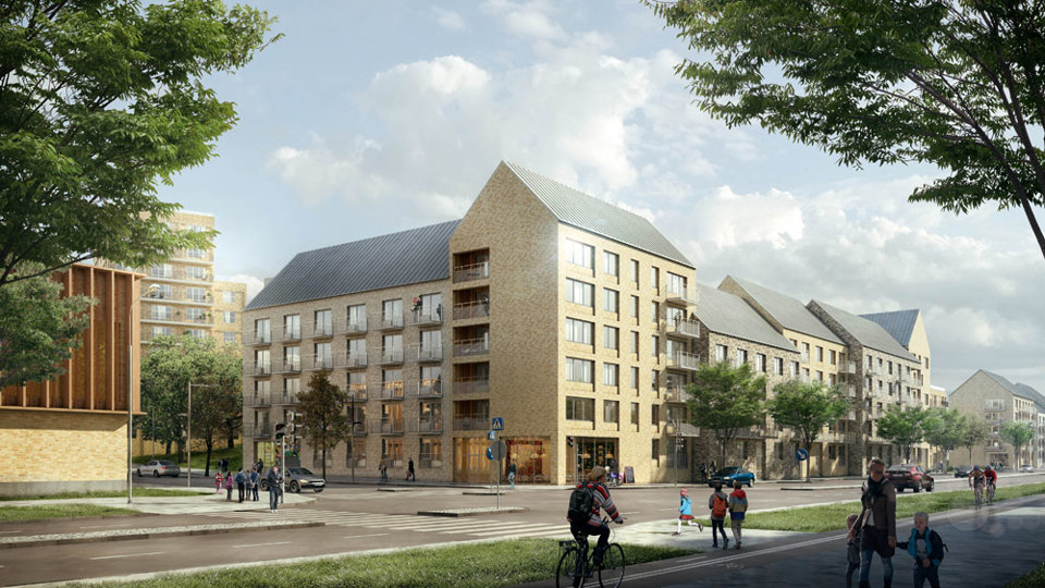 Flerbostadshus i korsning, människor i rörelse, illustration.