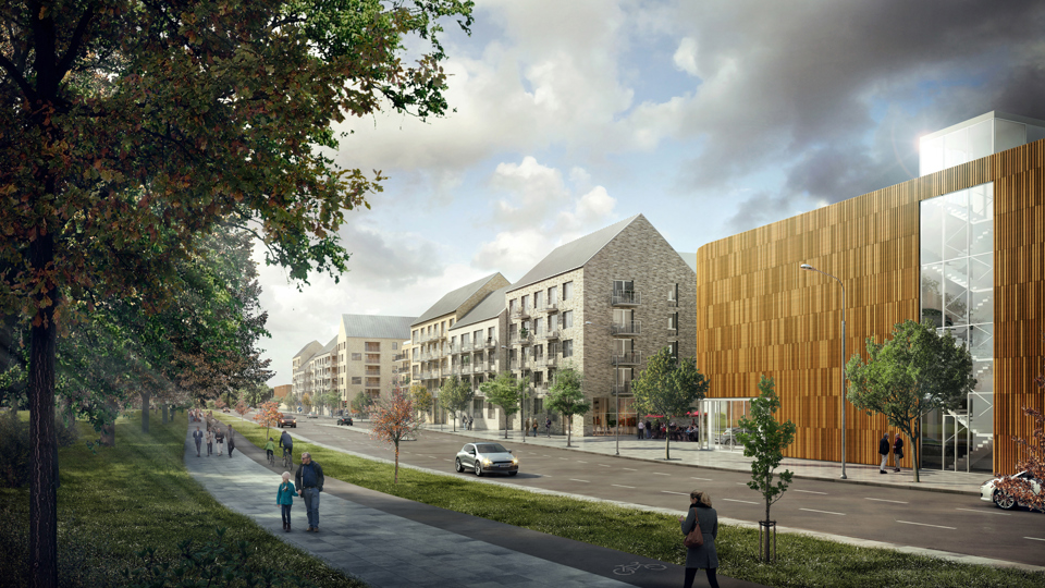 Flerbostadshus och hus med träfasad längs med bilväg, människor och bilar i rörelse, illustration.