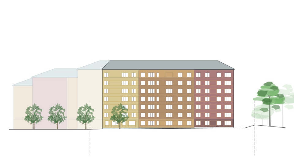  Fasadskiss föreslagen bebyggelse. Byggnadskropp på sju våningar .