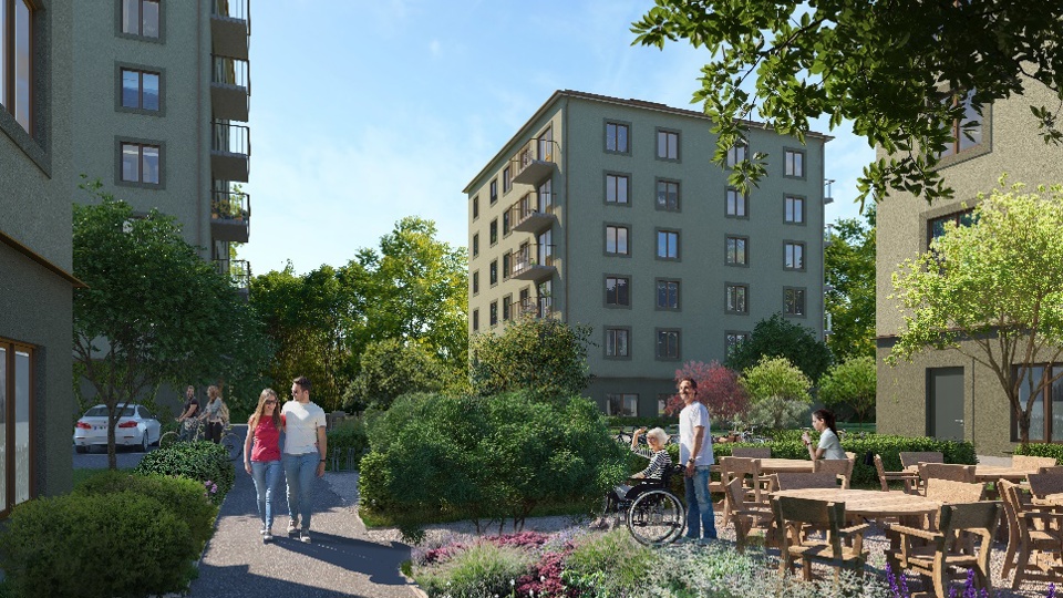 Gård mellan bostadshus, planteringar, bänkbord och människor i rörelse, illustration.