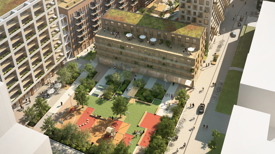 Vy över område med park och flerbostadshus med terrass, illustration.
