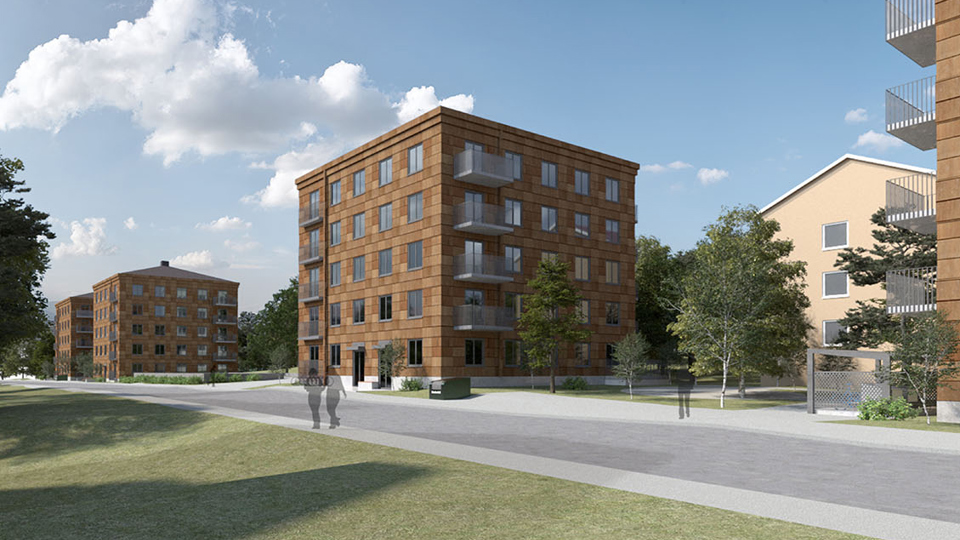 Punkthus med brun fasad längs gata, omgivet av träd och andra hus. Illustration