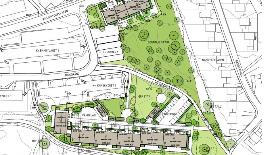 Bostadshus, gator och trottoarer. Grönområden med gräsmattor och träd. Illustrationsplan.