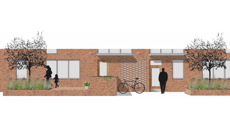 Tegelfasad av radhuslägenheter med fönster, egna ingångar och mindre uteplatser med plantering. Människor i rörelse. Illustration