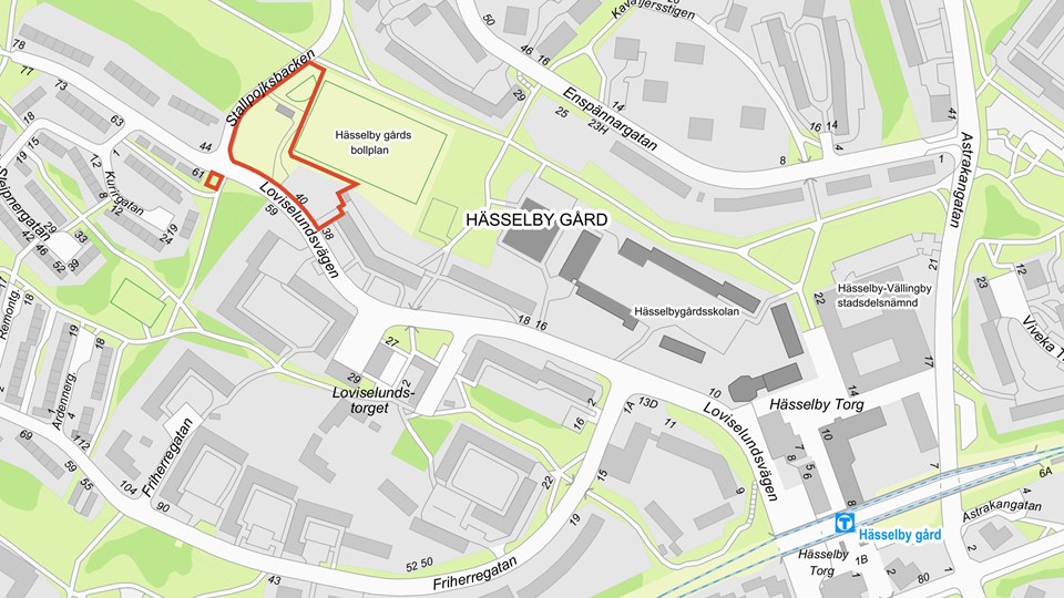 En karta där de nya husens placering markerats ut med en röd linje.