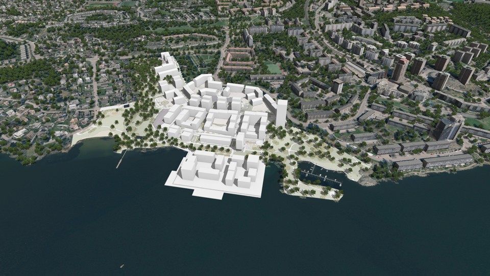 Flygvy över bostadsområdet  over värmeverket sett från vattnet, illustration.