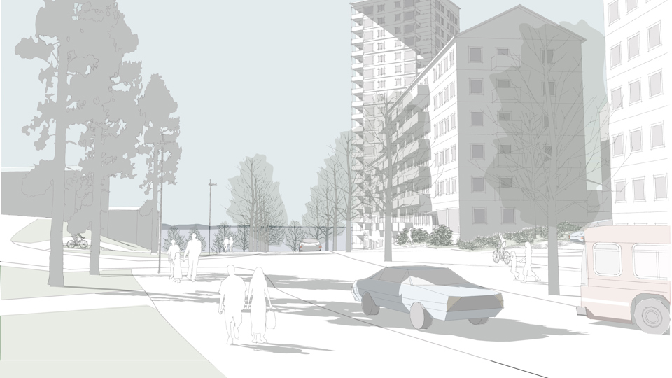 Gata invid flerbostadshus. Människor som promenerar, illustration.
