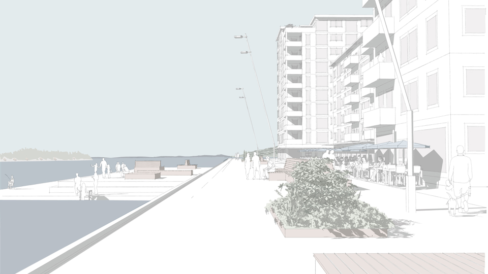 Flerbostadshus invid kaj med brygga. Människor som umgås och promenerar, illustration.