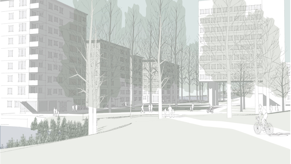 Promenadväg mot flerbostadshus. Människor som cyklar och promenerar, illustration.