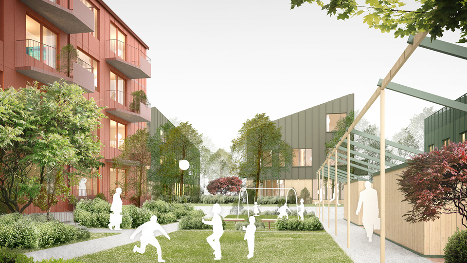 Innergård med människor i rörelse, flerbostadshus till vänster i bild, illustration.