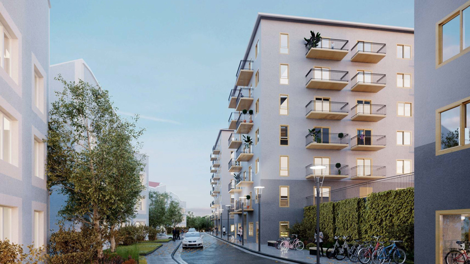 Vy av lokalgatan vid Smedshagsvägen. Till höger syns planerade punkthus på den tidigare markparkeringen. Illustration