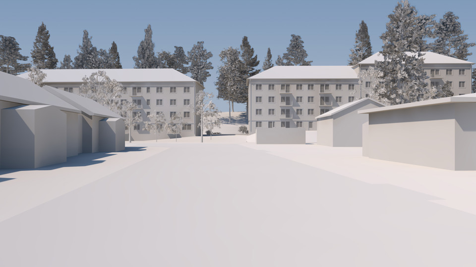 Vy mot område med flerbostadshus, 3D-illustration.