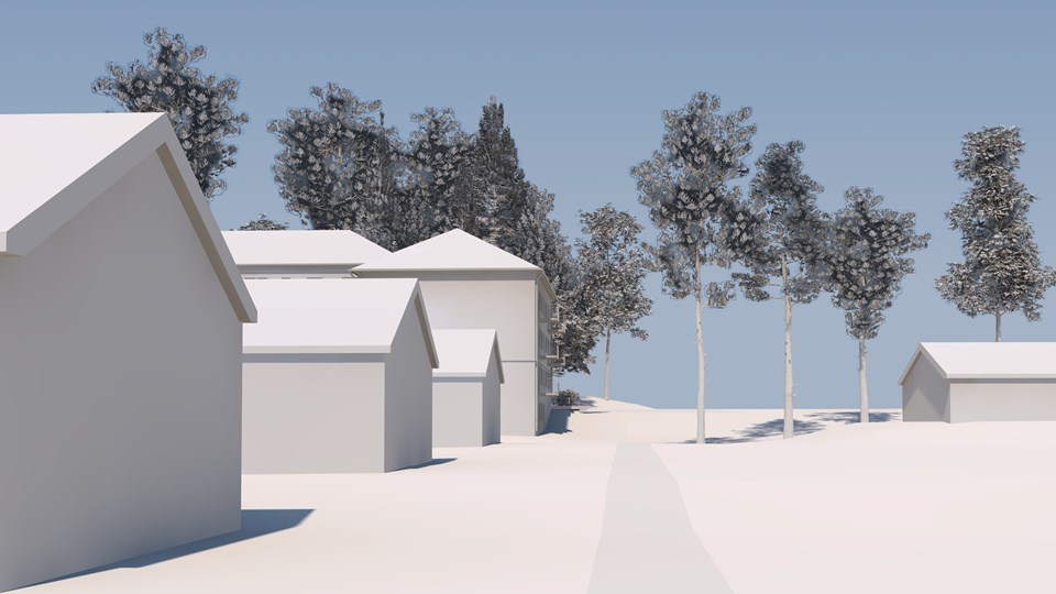 Vy längs med väg med flerbostadshus till vänster i bild, 3D-illustration.