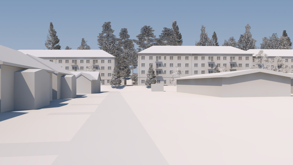 Vy längs med gångväg mot flerbostadshus, till vänster i bild syns lägre byggnader, 3D-illustration.