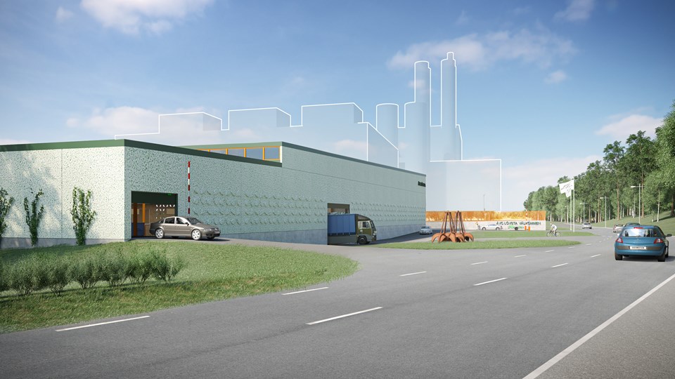 Vy längs med bilväg, till höger i bild syns byggnad för återvinningscentral och i bakgrunden  konturerna av ett värmeverk, illustration.