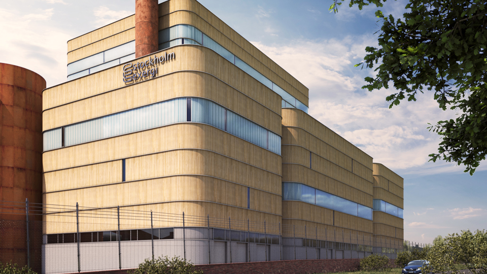 Byggnad för värmeverk, Stockholm Exergis logotyp på fasaden, illustration.