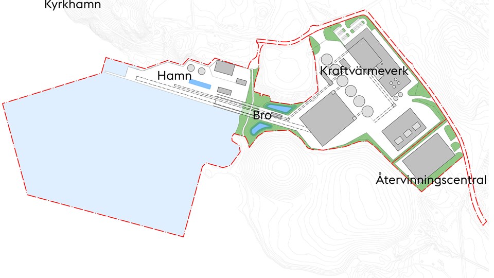 Översikt över området med planområde och ny bebyggelse, illustration.