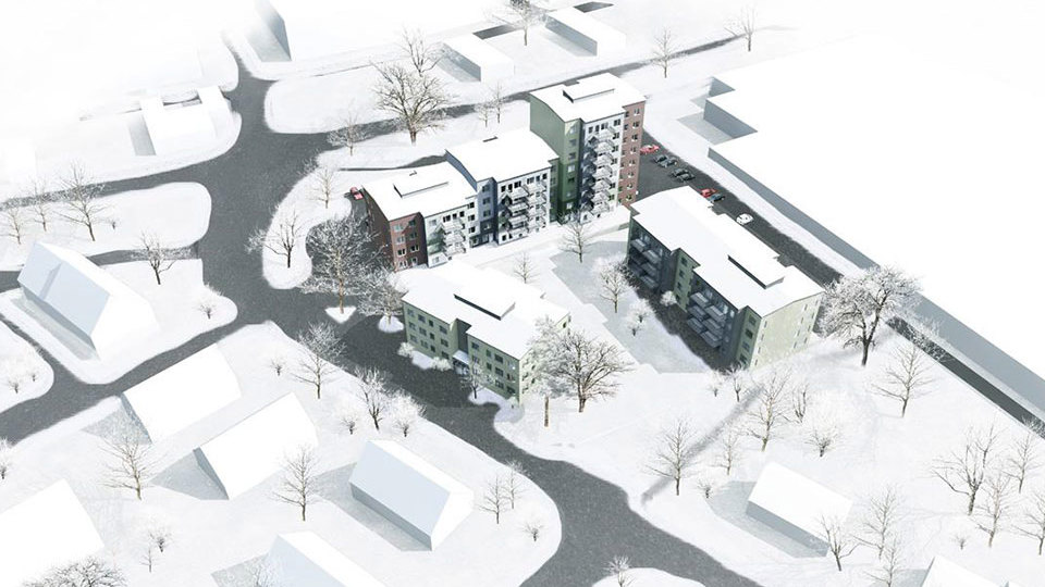Flygvy över området och ny bebyggelse, illustration.