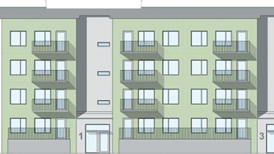 Fasad i grönt, hus med fyra våningar, balkonger och terrasser, illustration.