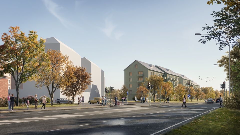 Gata med vy mot flerbostadsområde, människor i rörelse, illustration.