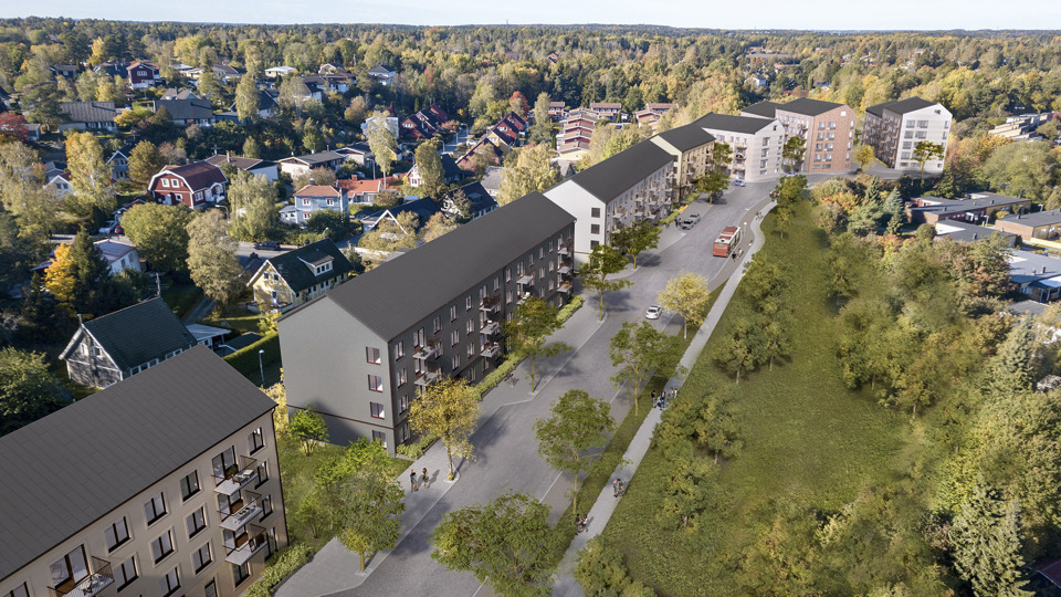 Flerbostadshus i olika färger längs med en gata sett snett uppifrån. Bilar som kör och människor som promenerar längs med gatan. Illustration.