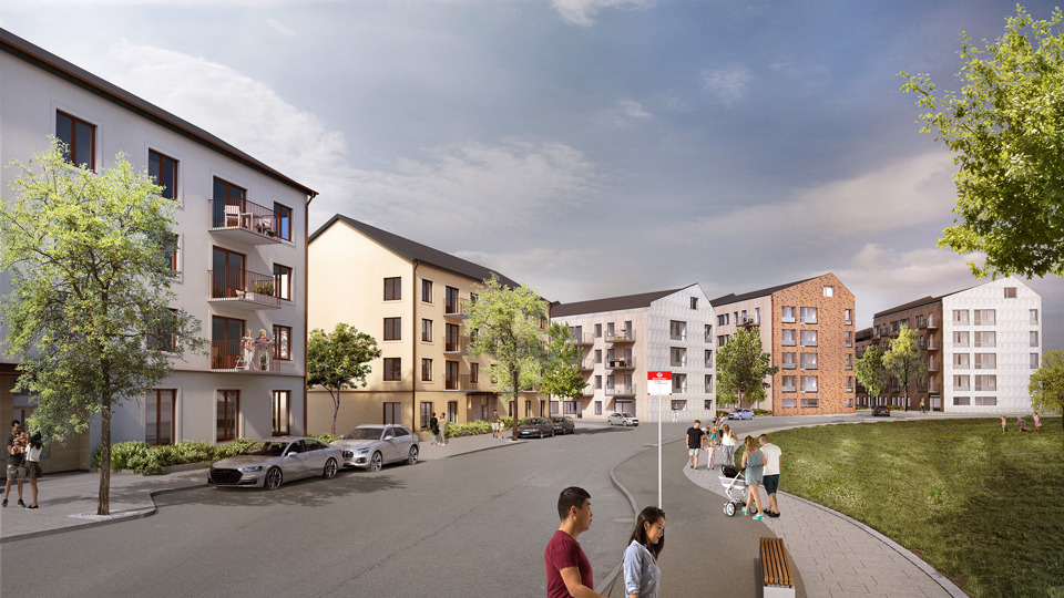Gata kantad med flervåningshus i ljusa färger. Människor som promenerar på trottoaren. En busstation med träbänk. Illustration.