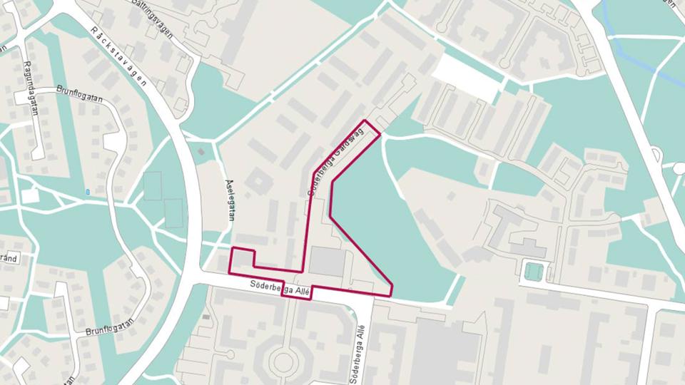 Karta över området med planområdet markerat med rött.