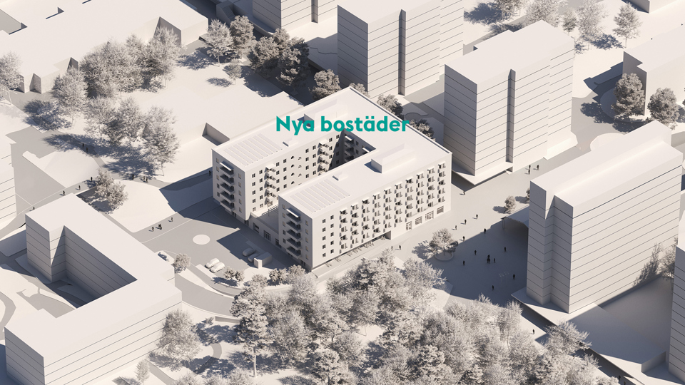 Bostadshus, bergsknalle, träd och torg. Illustration.