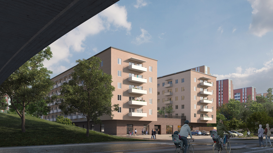 Bostadshus, gata med trottoar, bro och gräsbeklädd kulle med träd. Människor som promenerar och cyklar. Illustration.