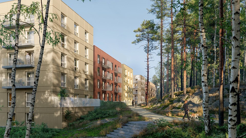 Flerbostadshus på rad vid Rogalandsgången, i olika nyanser. Träd och trappor upp till en gångbana invid husen, till höger i bild. Illustration