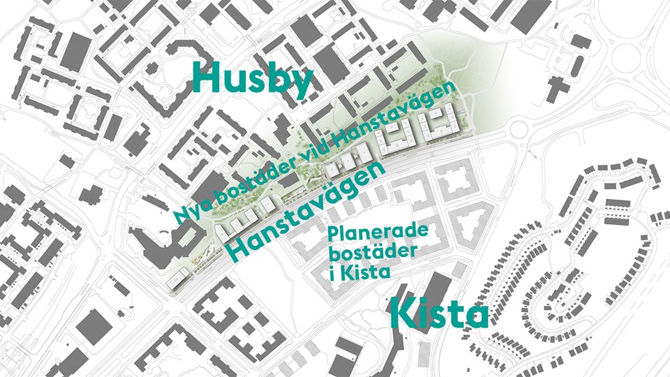 Översiktsbild av bostädernas placering vid Hanstavägen. På bilden syns också planerade bostäder i Kista, söder om Hanstavägen. Karta