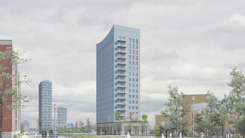 Ett höghus i ljusgrå färg med 17 våningar vid Hanstavägen. Till vänster syns andra höga byggarnader i området. Människor i rörelse vid gatan och vid ett övergångsställe. Illustration