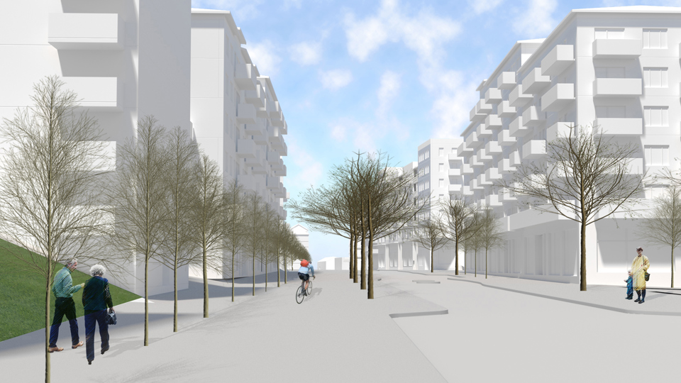 Bostäder vid Finlandsgatan, mot nordväst, illustration.