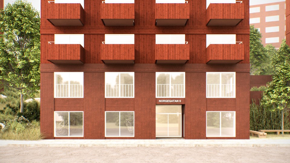 Bostäder i rödbrun färg vid Norgegatan, illustration.