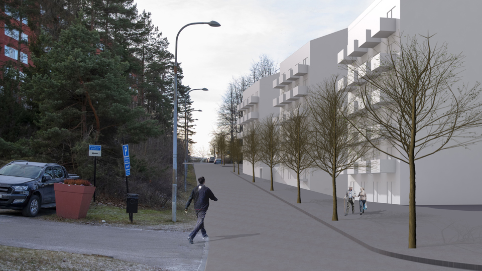 Flervåningshus i vitt vid Narviksgatan, illustration.