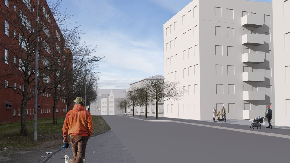 Flervåningshus i vitt vid Stavangergatan, illustration.