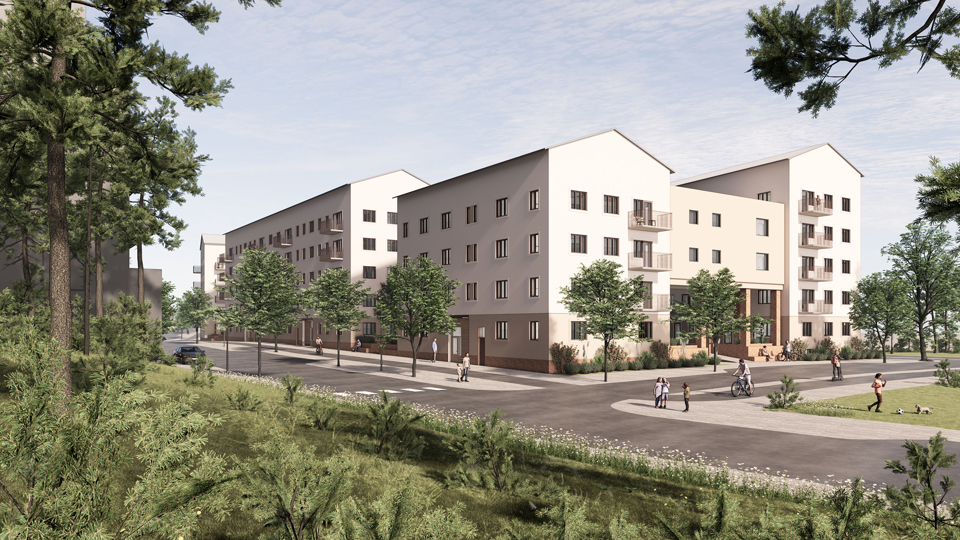 Ljusa flervåningshus invid väg. Grönområde i förgrunden, illustration.
