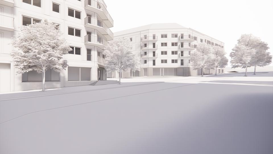 Två vita flervåningshus intill väg. Svartvit illustration.