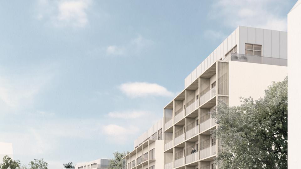 Ljusa, moderna flervåningshus intill väg, illustration.