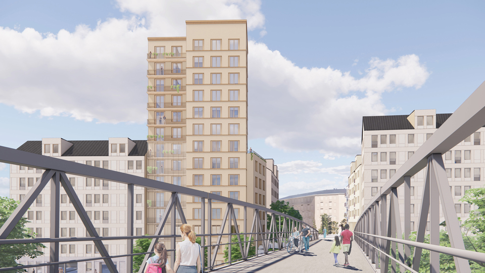 Gångbro med människor som går. I bakgrunden syns några ljusa flervåningshus i modern stil, illustration.
