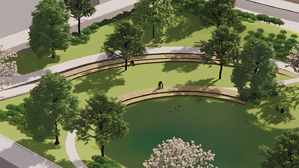  Park med träd och nedsänkt, cirkelformad yta i mitten, illustration.