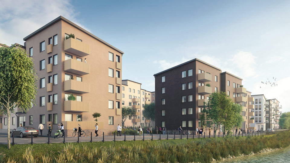 Vy mot område med flerbostadshus, i förgrunden syns en å. Människor i rörelse, illustration.