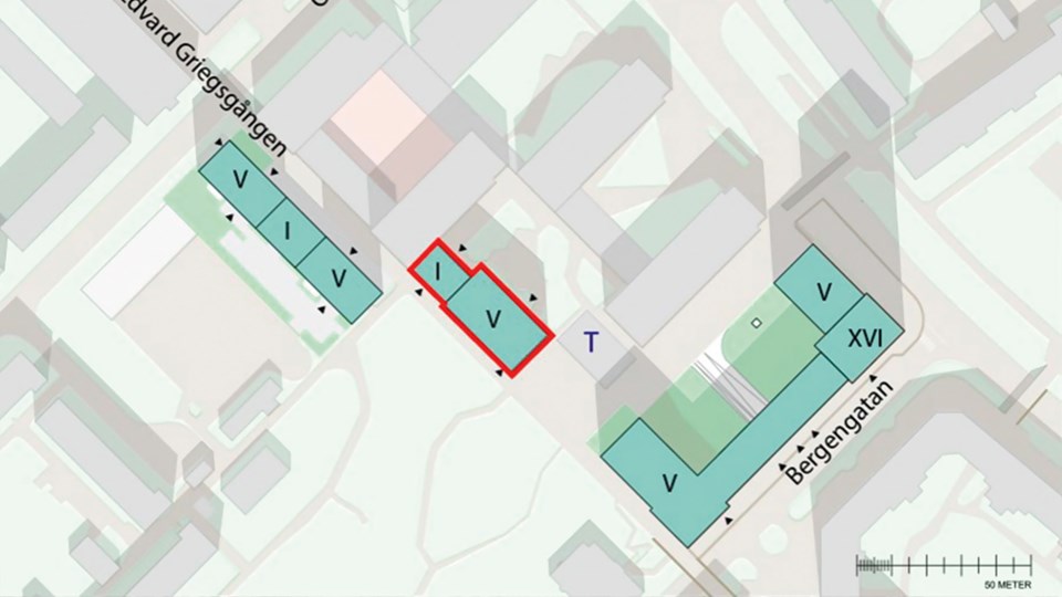 Illustration som visar södra delen av planområdet med byggnaden som har utgått ur detaljplanen markerad.
